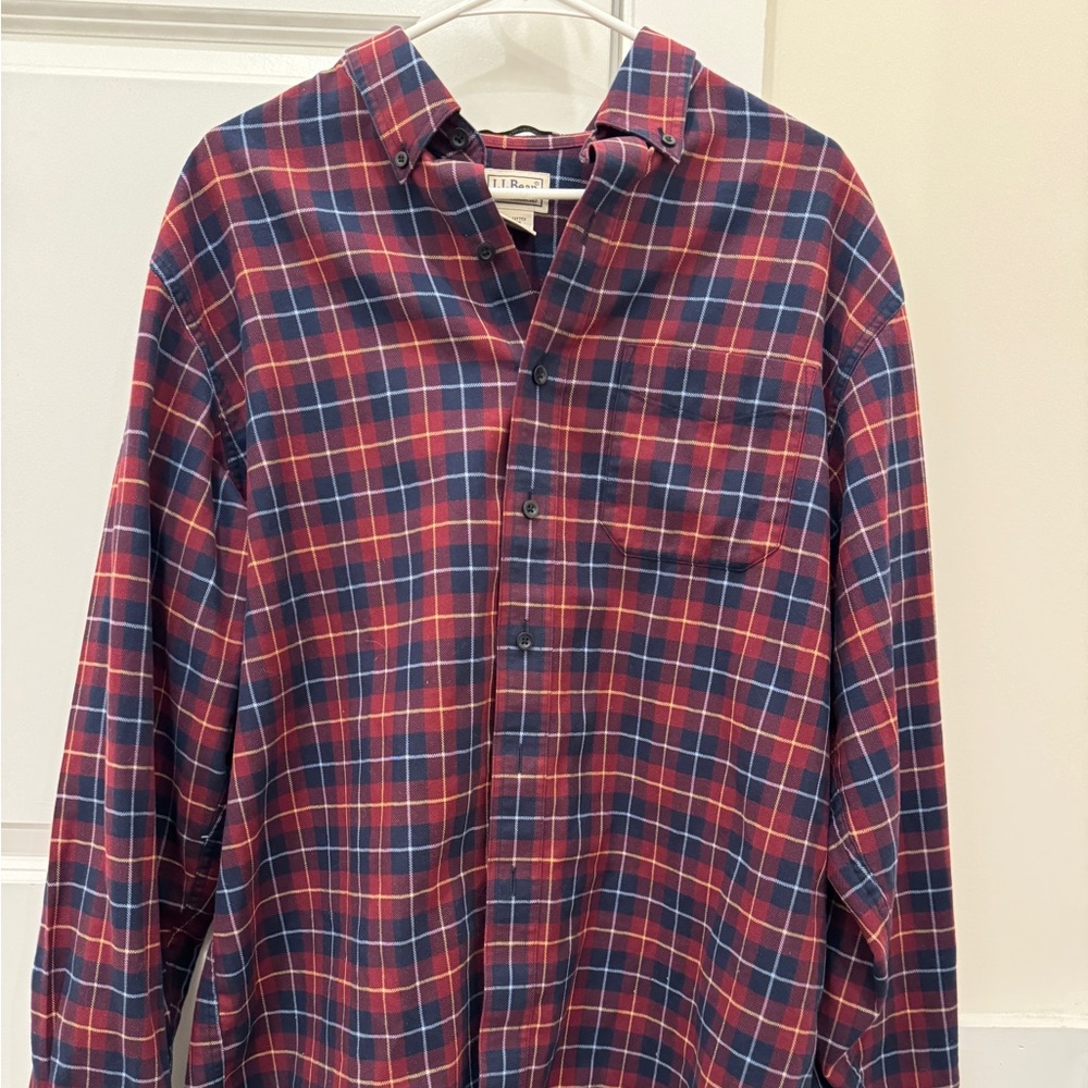 L.L. Bean Men's Navy and Crimson Checkered Shirt